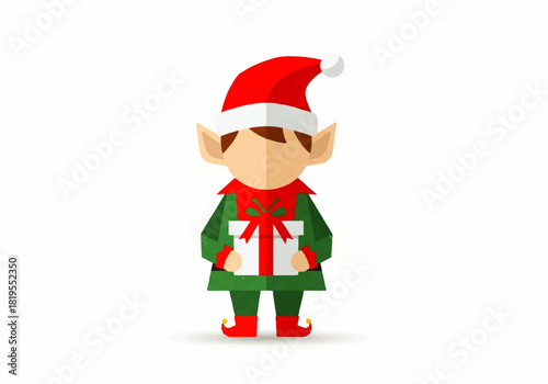 Flat vector illustration of a Christmas elf holding a wrapped gift box, wearing a red and white hat and a green outfit.