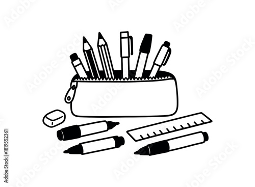 flat vector handdrawn black and white bold clean outlines white background stationery desk pencil case pens markers eraser ruler zipper pouch no logos