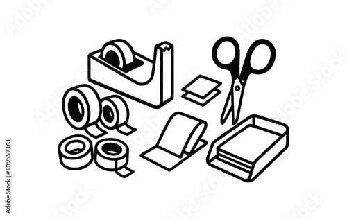 flat vector handdrawn black and white bold clean outlines white background stationery desk washi tape bar dispenser scissors card blanks tray no logos