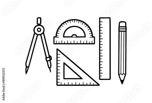 flat vector handdrawn black and white bold clean outlines white background stationery desk geometry tools compass protractor ruler set pencil no logos