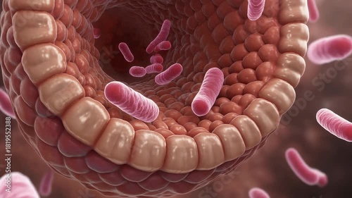 Microscopic view of probiotic bacteria colonizing intestinal lining
