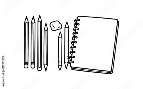 flat vector handdrawn black and white bold clean outlines white background stationery desk sketch set graphite pencils kneaded eraser blending stumps sketchbook no logos
