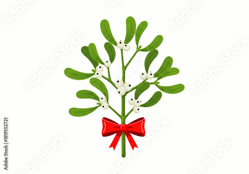 Illustration of a mistletoe sprig with green leaves, white berries, and a red ribbon bow on a white background.