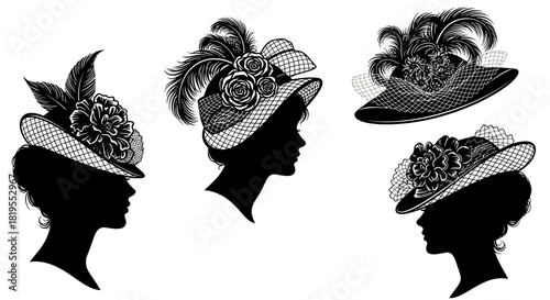 Elegant Silhouettes of Women Adorned with Exquisite Vintage Feathered Hats