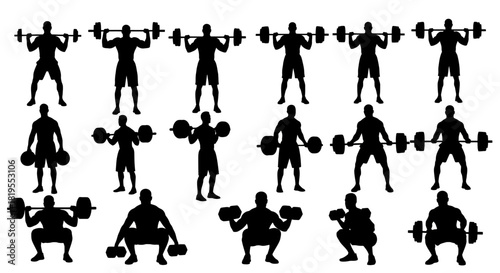Silhouettes of people performing strength training and weightlifting exercises with barbells