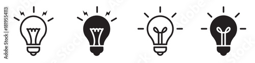Light bulb icon set. Creative idea and inspiration symbol in linear and solid styles. Conceptual design element for innovation, brainstorming and smart solutions - stock vector