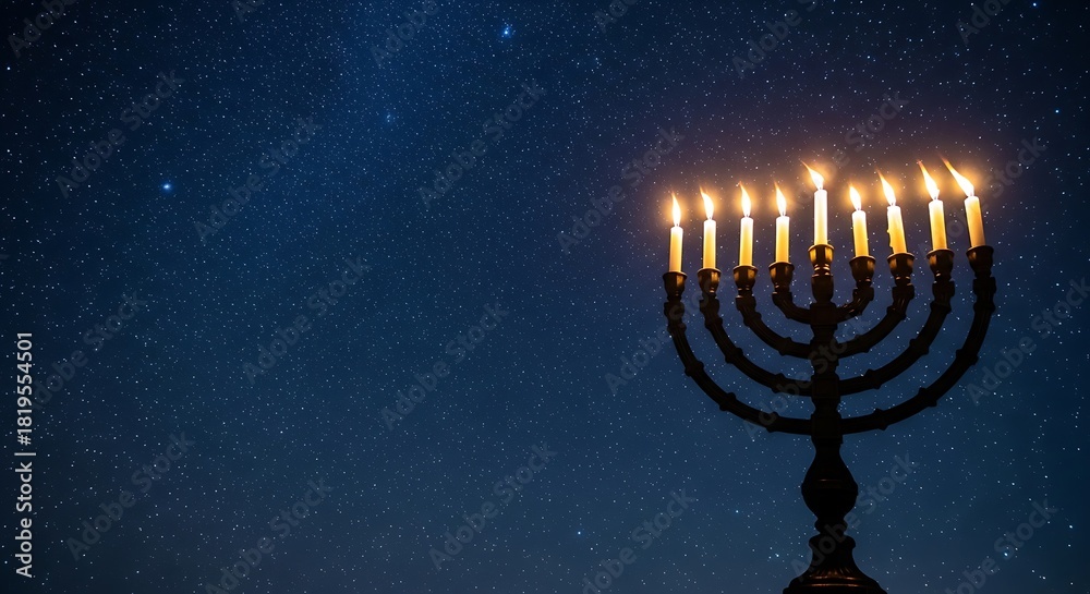 Fototapeta premium Photo of hanukkah menorah with burning candles against a starry night sky jewish holiday background with traditional hanukkah symbols and night sky