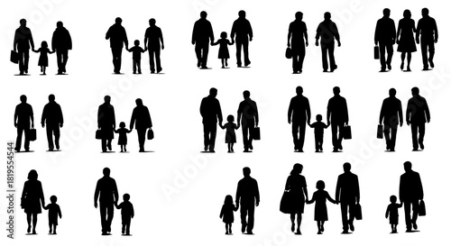 Multiple figures depicting parents and children walking side by side