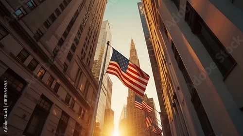 Aerial view of New York City during sunset with American flags and skyscrapersskyscraper with American flag in cityscape during golden hourNew York City skyline during sunset.