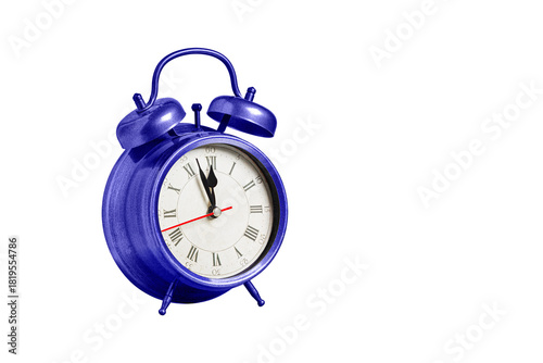 retro clock, pointer clock, purple color alarm clock on isolated white background close up