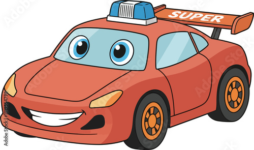 Animated Red Cartoon Race Car with Big Eyes and Smile