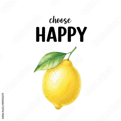 Yellow lemon with green leaf and motivational quote choose happy isolated on transparent background
