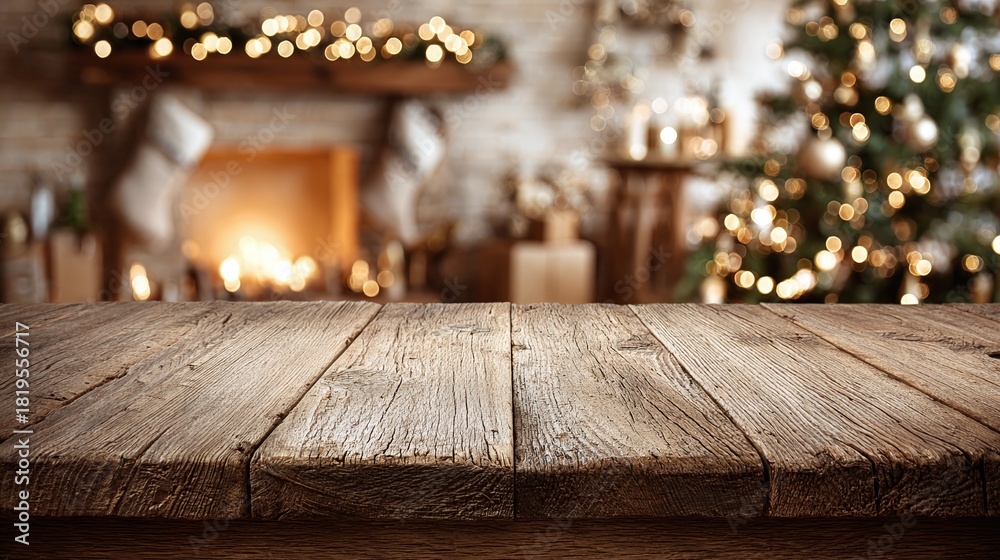 Naklejka premium A rustic wooden table stands before a warmly lit room with a Christmas tree and fireplace, evoking a sense of cozy holiday cheer and anticipation. Perfect scene for christmas time!