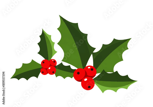 Illustration of two sprigs of holly with green leaves and bright red berries, isolated on a white background.