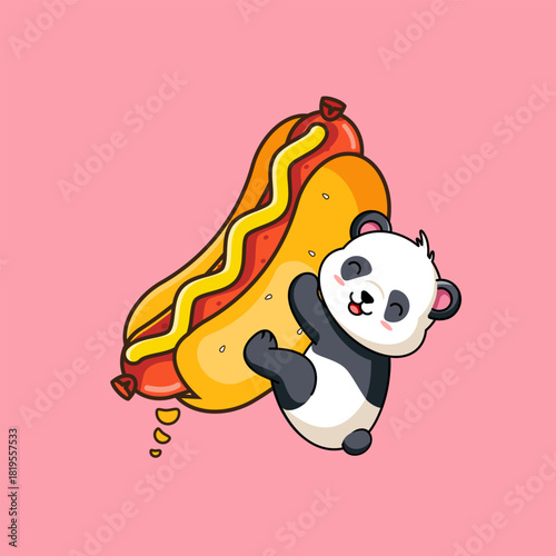 Cute Panda Happy Hanging On Hot Dog Vector Illustration Cartoon Design