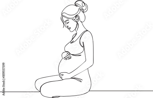Continuous single line drawing of a pregnant woman sitting and meditating, minimalist prenatal yoga pose illustrated in clean serene outline vector style