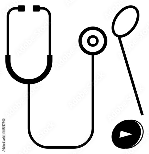 Minimalist stethoscope, otoscope, and circular tool representing health checkup and diagnostics. Ideal for healthcare, wellness, medical care, diagnostics, hospitals, clinical tools education