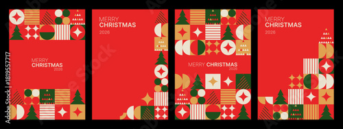 Four modern christmas geometric patterns for greeting card design or holiday invitation. Minimalist festive abstract background grid.