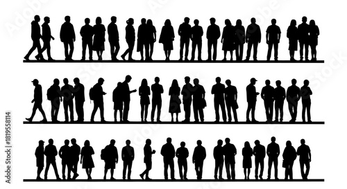 Silhouettes of various people standing and walking in three distinct rows