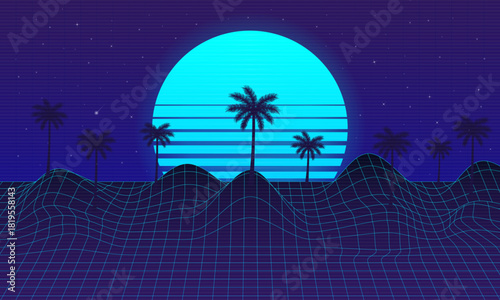 Retro futuristic background with laser grid, retro sunset and palms silhouettes. 80s Neon retro background for games, vaporwave, synthwave music. Vector illustration