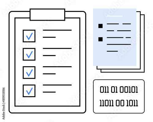 Clipboard checklist with checkmarks, binary code block, and stack of documents. Ideal for organization, productivity, digital data, task management, coding office work and planning. Simple flat