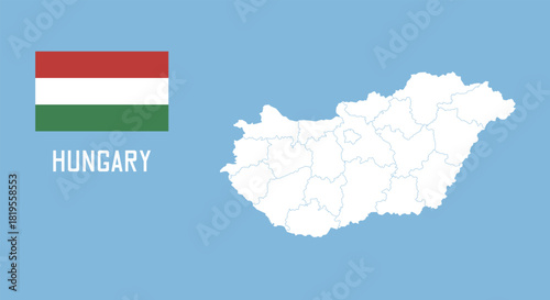 Hungary map. Vector Hungary map with Hungary flag isolated on blue background.	