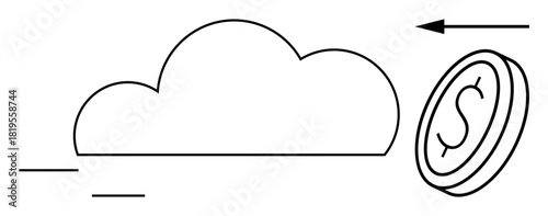 Cloud computing. Cloud outline with a dollar coin and directional arrow financial flow in cloud computing. Cloud computing in fintech, online services, data storage, global trading, digital economy