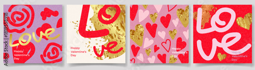 Creative concept of Happy Valentines Day cards set. Modern abstract art design with featuring bold LOVE , gold textured accents, heart patterns.Templates for poster, ads, banner, cover, label, sales