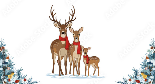Illustration of a deer family wearing red scarves standing in the snow near trees