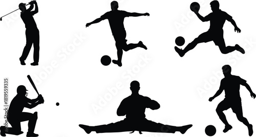 Silhouette collection of athletes playing various sports on a white background
