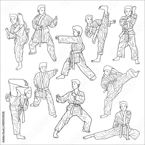 bundle of clean line art illustrations of karate moves