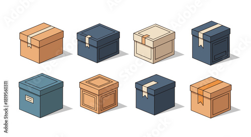 Isometric view of a collection of eight closed boxes with different colors and tapes