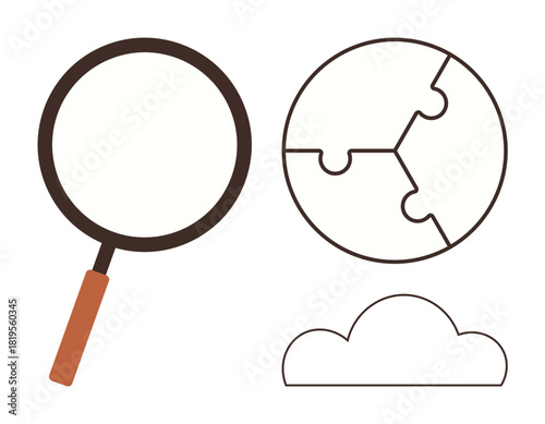 Magnifying glass, globe puzzle, and cloud representing investigation, global connection, strategy, and problem-solving. Ideal for research, analytics, innovation education teamwork solution