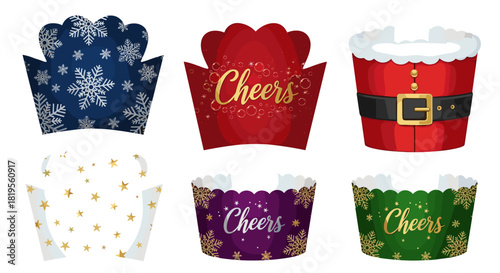 A collection of festive cupcake wrappers featuring holiday themed designs shown here