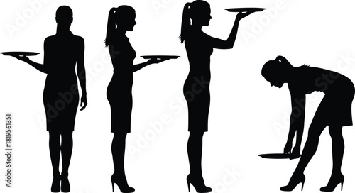 Silhouette of elegant waitress in various serving poses, holding tray, bending, standing, hospitality gesture, service posture, restaurant role