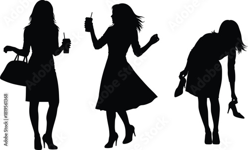 Silhouette of fashionable women in dresses and heels, holding handbag, drink, shoes, dancing, bending, expressive pose, lifestyle motion