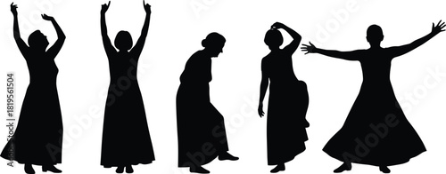 Silhouette of graceful female dancers in flowing dresses, performing expressive dance poses, elegance, movement, posture, choreography, artistic emotion