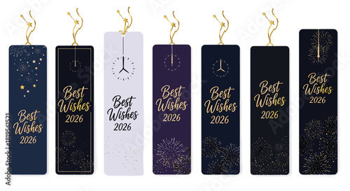 Collection of new year bookmarks with best wishes and clocks on various colors