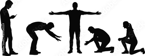 Silhouette of human figures in expressive poses, standing, kneeling, stretching, symbolizing leadership, attention, interaction, emotion, posture, connection
