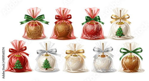 Collection of caramel apples wrapped in cellophane with decorative bows and trees