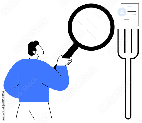 Person using magnifying glass to assess a document placed on a fork. Ideal for recruitment, analysis, evaluation, job search, human resources, inspection, and decision-making. Simple flat metaphor