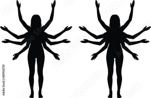Silhouette of multi-armed human figures, symmetrical pose, artistic concept, surreal style, divine energy, abstract motion, spiritual symbolism, creativity