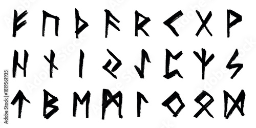 Set of hand drawn viking runes Ancient scandinavian futhark germanic celtic alphabet clipart in doodle style Single element for print, web, design, decor