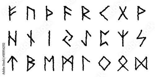 Set of hand drawn viking runes Ancient scandinavian futhark germanic celtic alphabet clipart in doodle style Single element for print, web, design, decor