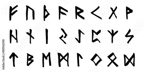Set of hand drawn viking runes Ancient scandinavian futhark germanic celtic alphabet clipart in doodle style Single element for print, web, design, decor
