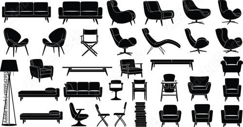 Modern and Contemporary Furniture Silhouette Collection Flat Vector Illustration Set for Interior Design Drafting Architectural CAD Drawing Symbols Home Decor Elements