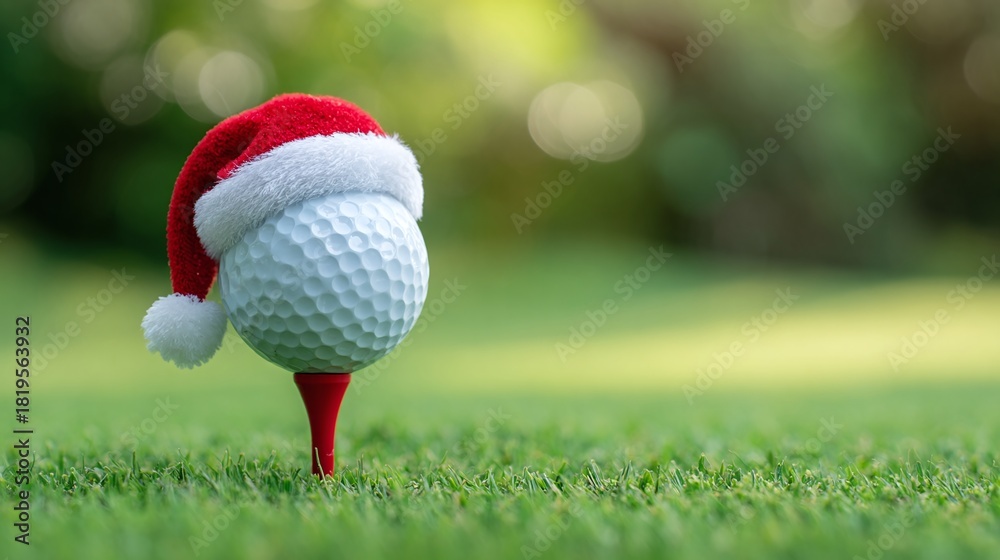 Fototapeta premium Festive golf: A golf ball wearing a Santa hat rests on a red tee amidst lush green grass, blending the spirit of the holidays with the love of the game. Holiday cheer on the golf course!