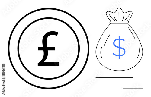 British Pound coin alongside dollar-labeled money bag. Represents currency exchange, financial transactions, money transfer. Ideal for finance, banking, trade, economics, savings global markets