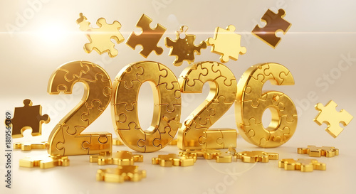 Golden 2026 year numbers composed of intricate puzzle pieces symbolizing future solutions and new beginnings