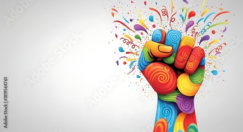 Dynamic colorful fist rising against oppression, celebrating freedom with burst of confetti, a symbol of unity and strength for social justice movements
